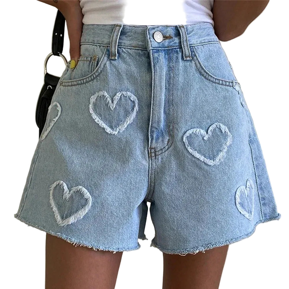 Y2K HEART JORTS — HIGH-WAIST DENIM SHORTS