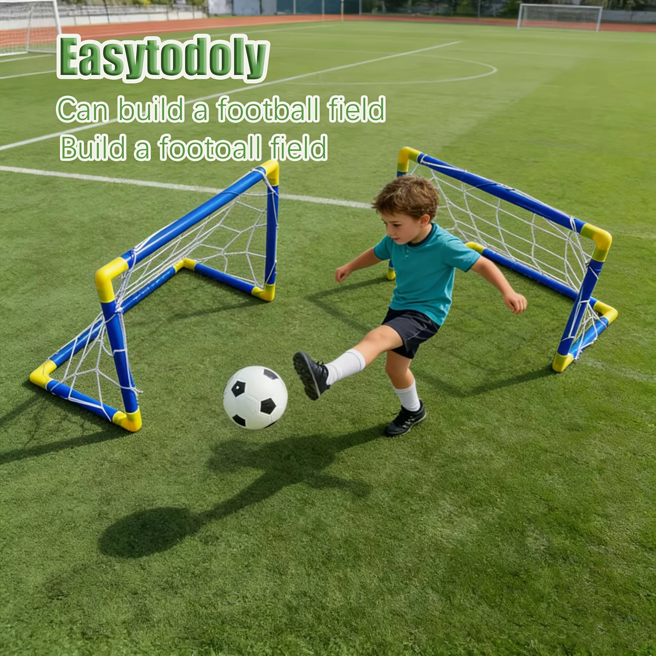 Portable Soccer Goal Set with Inflatable Ball - 2 PVC Nets 17x12in