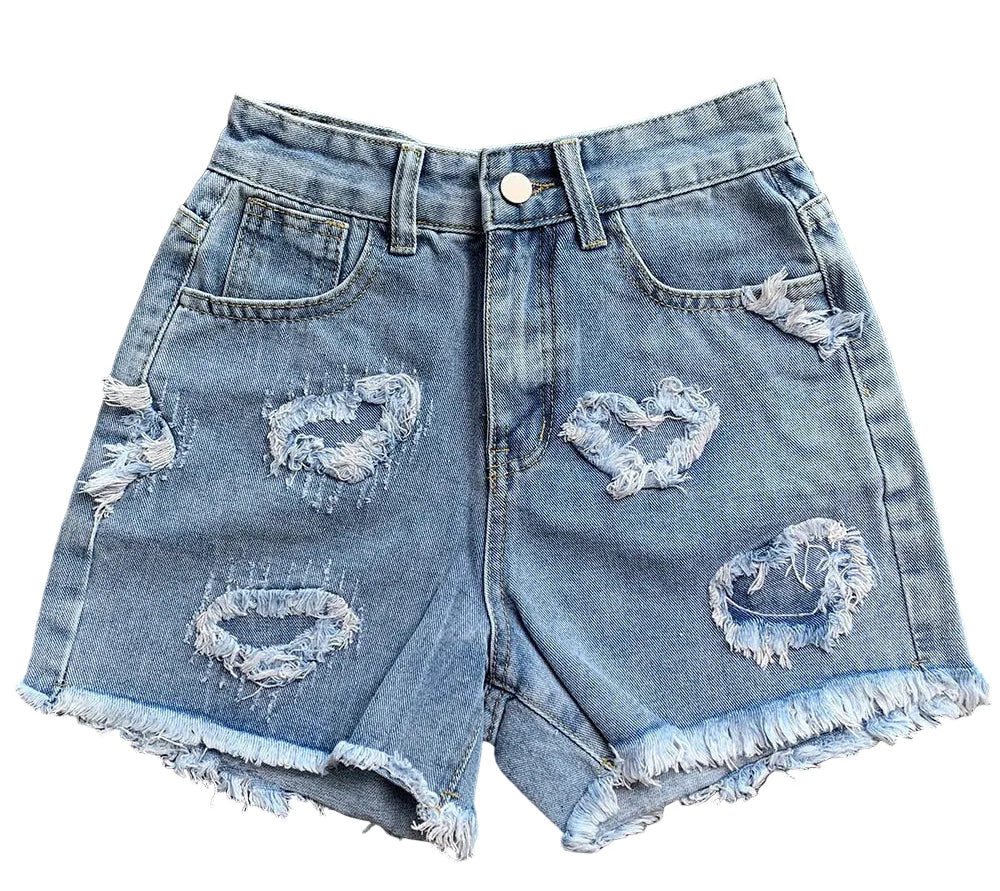 Y2K HEART JORTS — HIGH-WAIST DENIM SHORTS