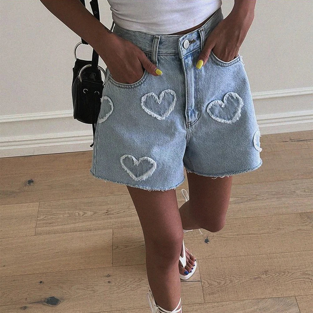 Y2K HEART JORTS — HIGH-WAIST DENIM SHORTS