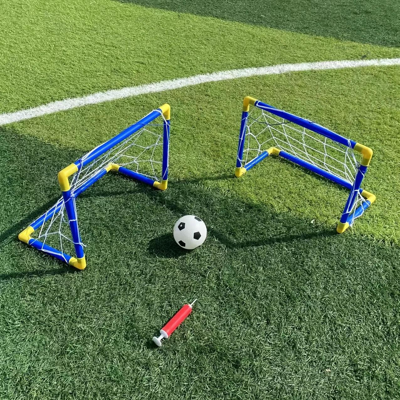 Portable Soccer Goal Set with Inflatable Ball - 2 PVC Nets 17x12in